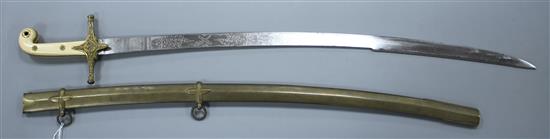 A Victorian general officers mameluke sword, gilt hilt, ivory grips, the etched blade by Ranken & Co. Calcutta, brass scabbard, blade